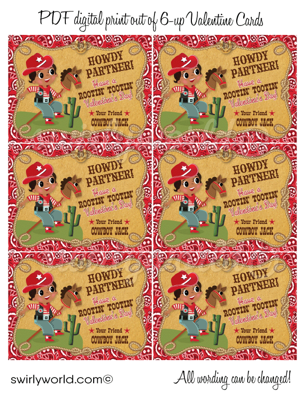 Retro Vintage Western Retro Cowboy Valentine's Day Cards for Boys Digital Download
