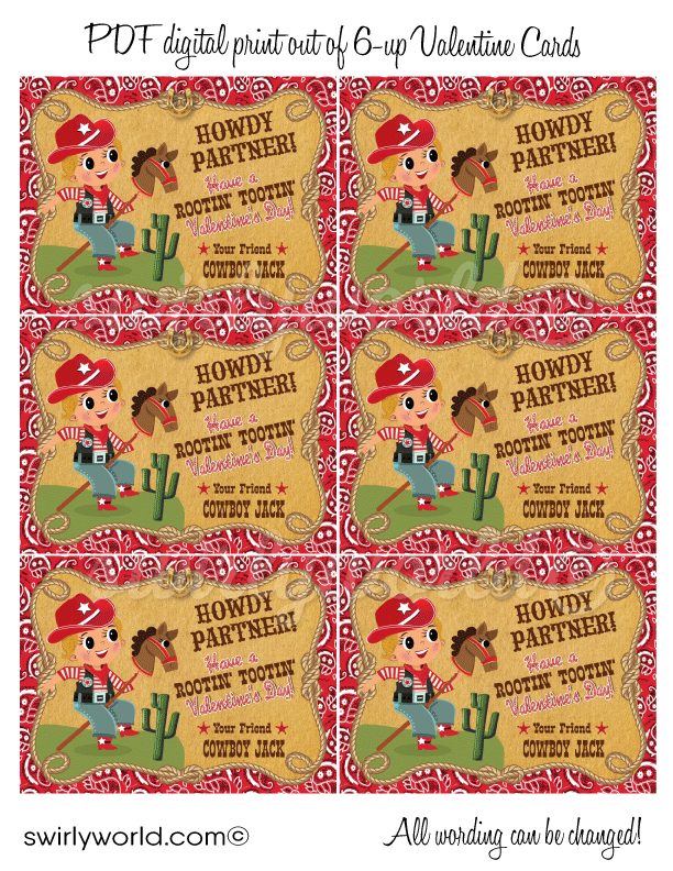 Retro Vintage Western Retro Cowboy Valentine's Day Cards for Boys Digital Download