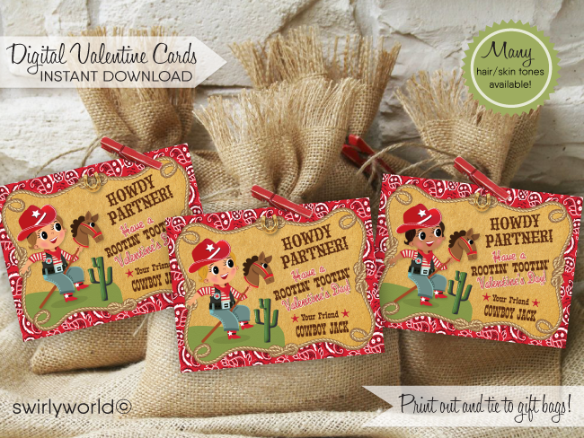 Retro Vintage Western Cowboy Valentine's Day Cards for Boys Digital Download. BLACK AND BROWN COWBOY