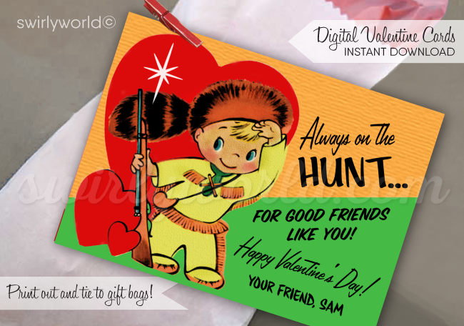 Vintage 1950's Little Boy Hunting Valentine's Day Card Digital Printable Download. Mid-century style valentine's day cards for boys.