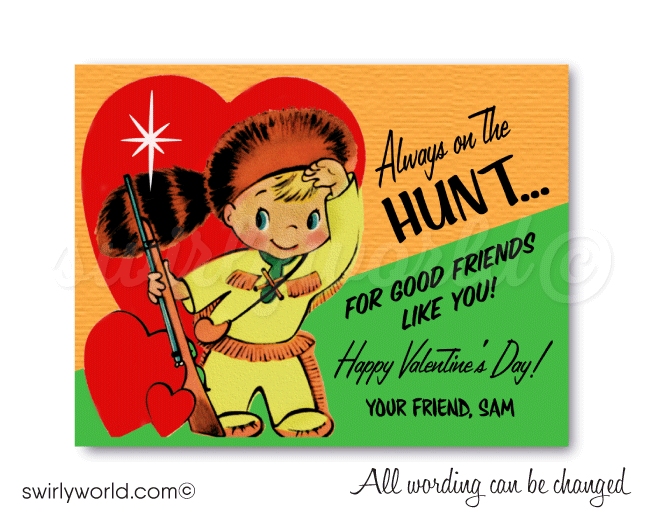 Vintage 1950's Little Boy Hunting Valentine's Day Card Digital Printable Download. Mid-century style valentine's day cards for boys.