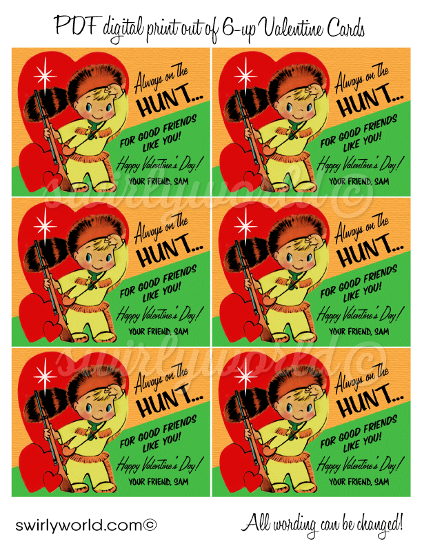 Vintage 1950's Little Boy Hunting Valentine's Day Card Digital Printable Download. Mid-century style valentine's day cards for boys.