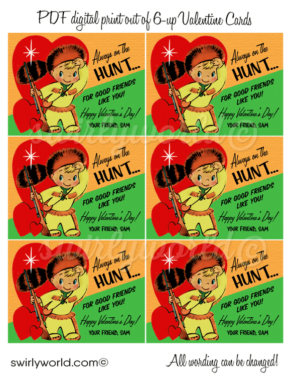 Vintage 1950's Little Boy Hunting Valentine's Day Card Digital Printable Download. Mid-century style valentine's day cards for boys.