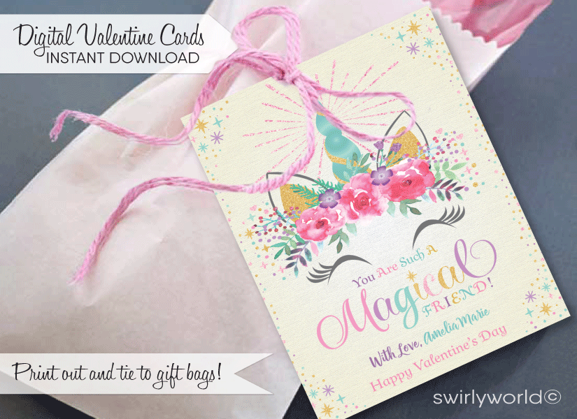 Whimsical Magical Pastel Unicorn Valentine's Day Card Digital Download for Girls 