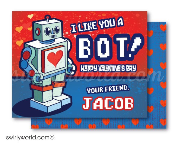 retro space robot Valentine's day school classroom cards for boys. Unique boys valentine cards. Vintage robot valentine