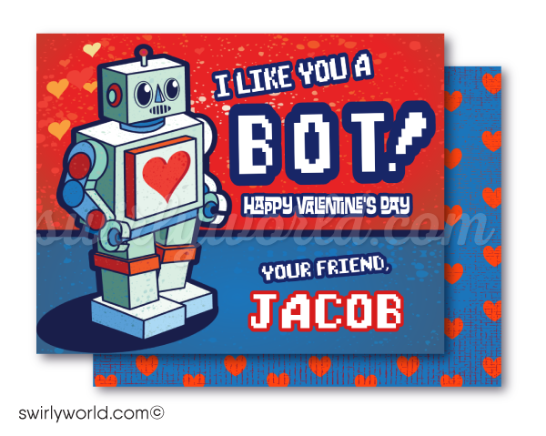 retro space robot Valentine's day school classroom cards for boys. Unique boys valentine cards. Fall in LOVE with this cool "nuts and bolts" retro robot techy theme Valentine's Day digital printable cards. 
