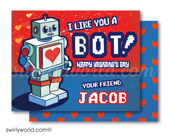 retro space robot Valentine's day school classroom cards for boys. Unique boys valentine cards. Fall in LOVE with this cool "nuts and bolts" retro robot techy theme Valentine's Day digital printable cards. 