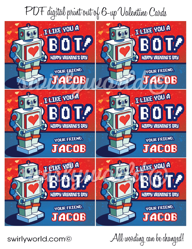 retro space robot Valentine's day school classroom cards for boys. Unique boys valentine cards. Vintage robot valentine
