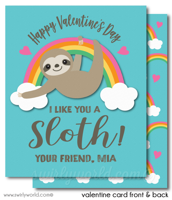 Cute Rainbow "I like you a Sloth" Digital Printable Valentine's Day Cards for Girls