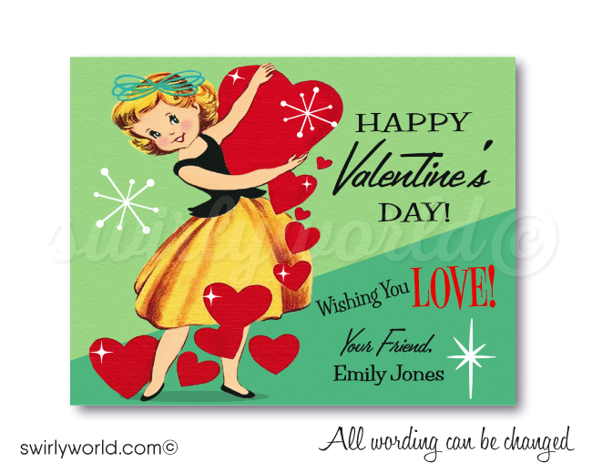 1950s Vintage Mid-Century Retro Valentine's Day Cards for Girls School Classroom 