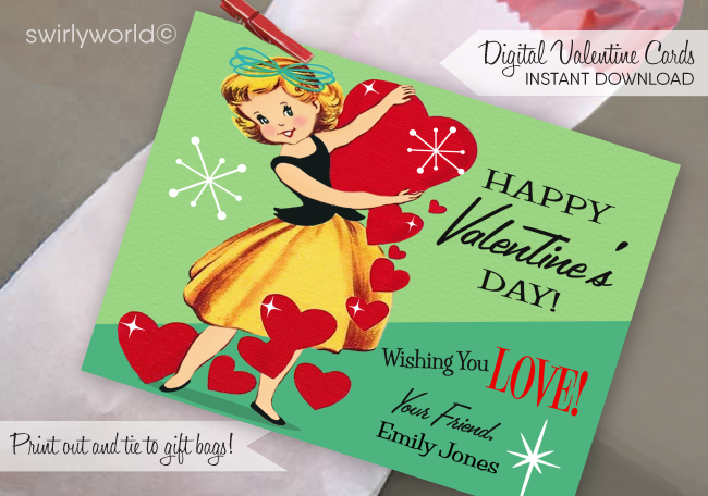 1950s Vintage Mid-Century Retro Valentine's Day Cards for Girls School Classroom 