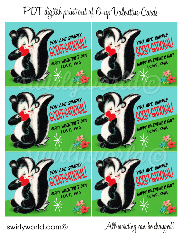  Cute vintage 1950s mid-century modern skunk gender neutral valentine's day cards for school classroom