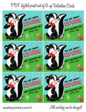  Cute vintage 1950s mid-century modern skunk gender neutral valentine's day cards for school classroom