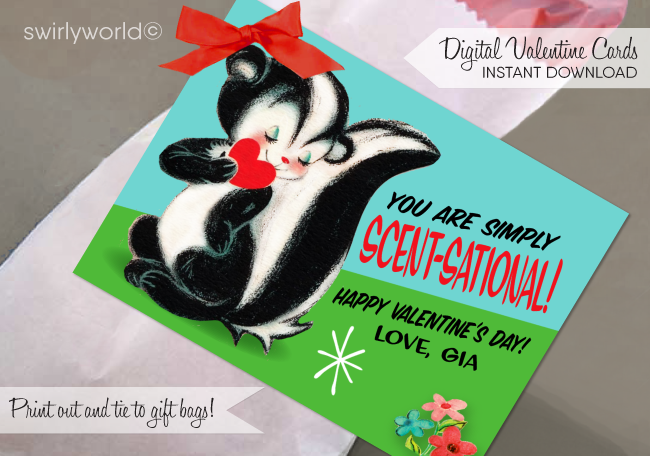  Cute vintage 1950s mid-century modern skunk gender neutral valentine's day cards for school classroom