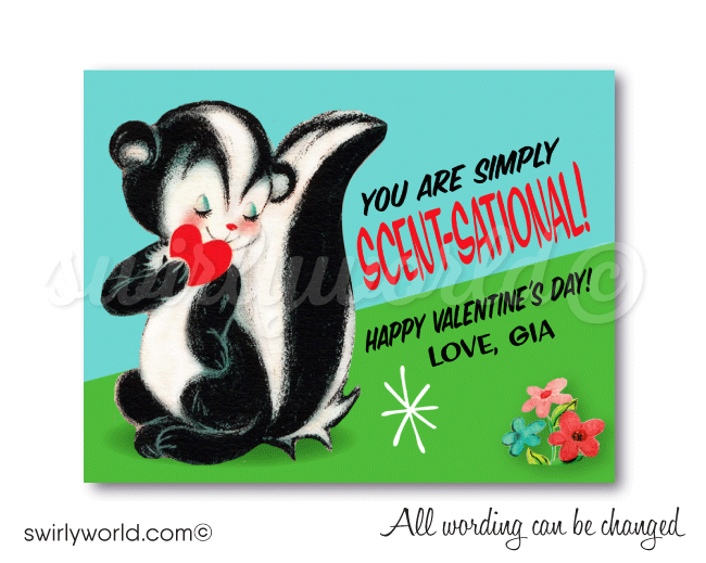  Cute vintage 1950s mid-century modern skunk gender neutral valentine's day cards for school classroom
