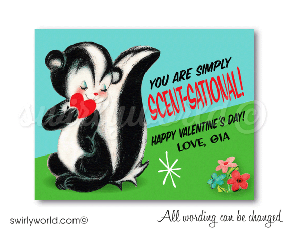  Cute vintage 1950s mid-century modern skunk gender neutral valentine's day cards for school classroom