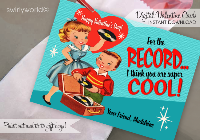 1950s Vintage Retro Mid-century Style Fifties Vinyl Record Sock Hop Unique Valentine's Day cards for Boy or Girl's School Classroom