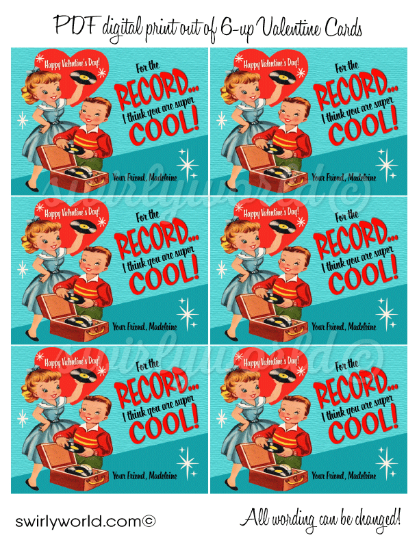  1950s Vintage Retro Mid-century Style Fifties Vinyl Record Sock Hop Unique Valentine's Day cards for Boy or Girl's School Classroom