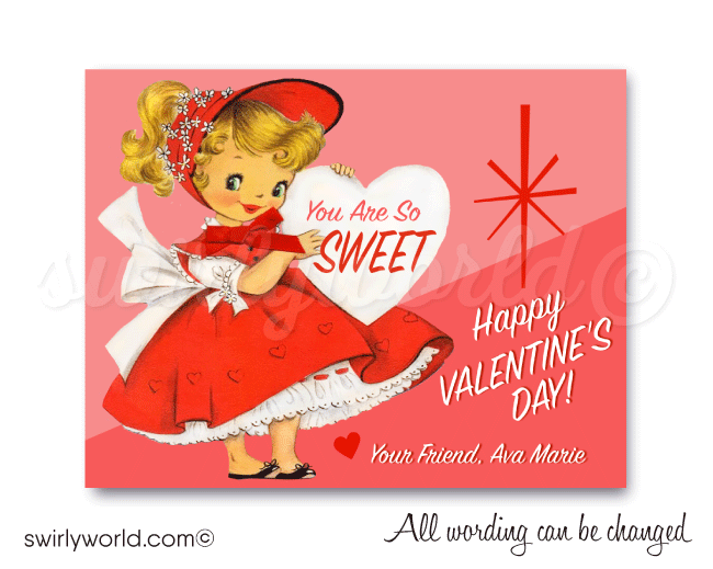 Vintage Retro Girl Pink 1950's Valentine's Day Card Digital Printable Download