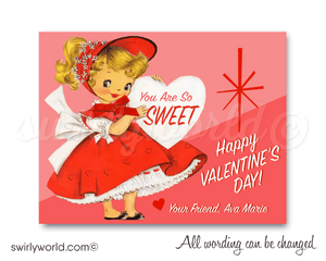 Vintage Retro Girl Pink 1950's Valentine's Day Card Digital Printable Download