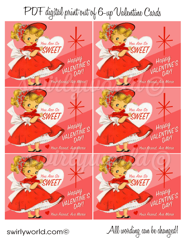 Vintage Retro Girl Pink 1950's Valentine's Day Card Digital Printable Download