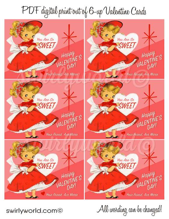 Vintage Retro Girl Pink 1950's Kitschy Valentine's Day Card Digital Printable Download