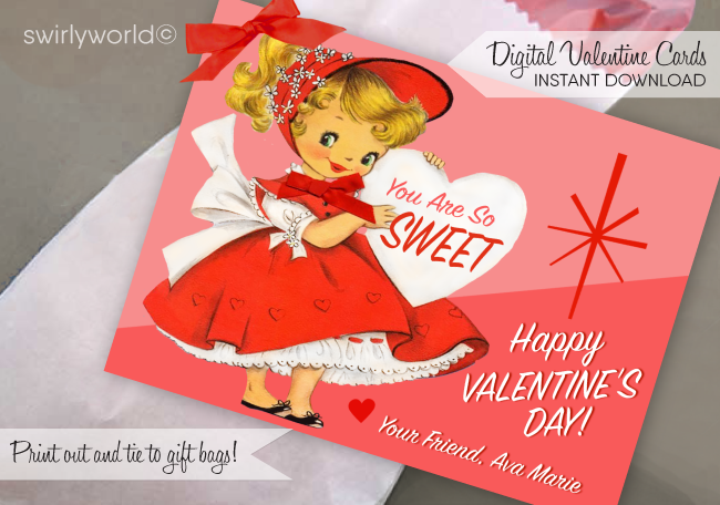 Vintage Retro Girl Pink 1950's Kitschy Valentine's Day Card Digital Printable Download