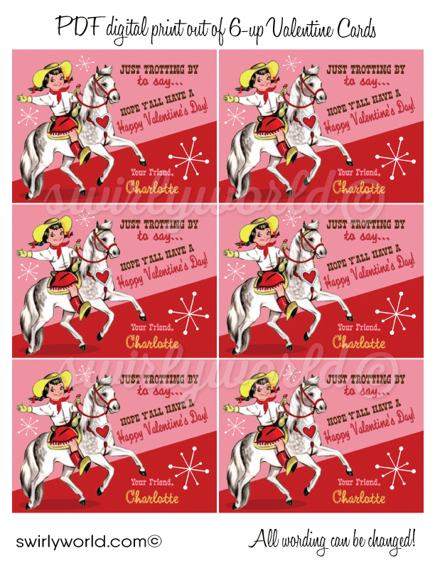 Vintage 1950s Retro Western Cowgirl Valentine's Day Card Digital Printable Download