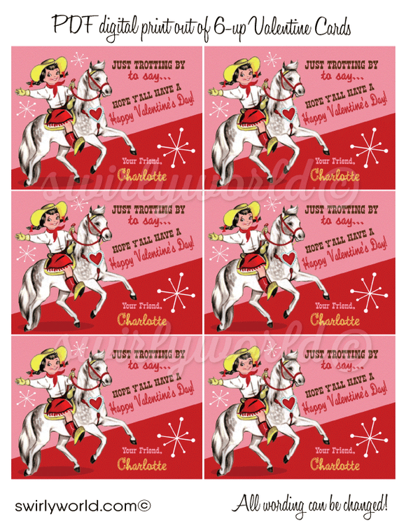 Vintage 1950's Retro Cowgirl Valentine's Day Card Digital Printable Download