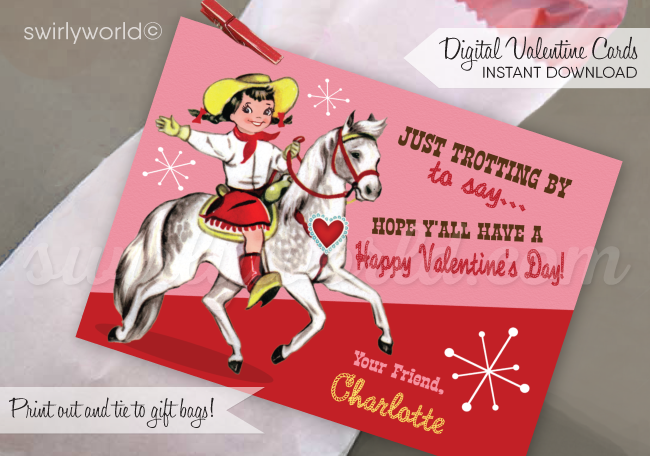 Vintage 1950's Retro Cowgirl Valentine's Day Card Digital Printable Download