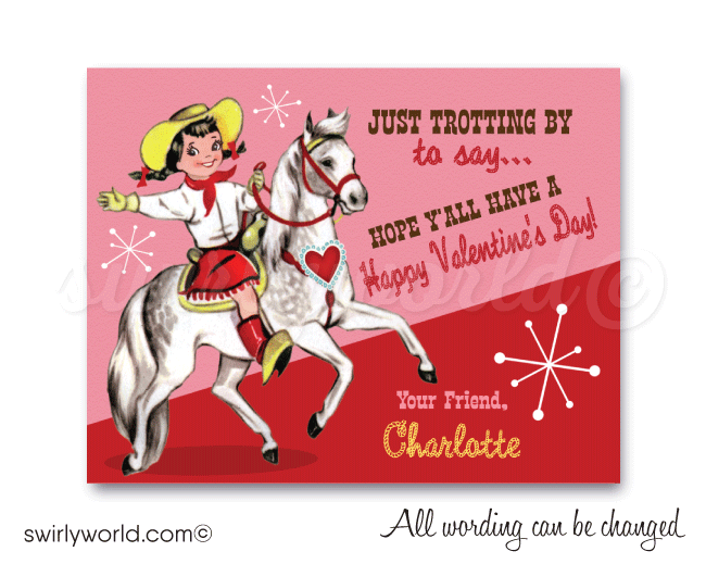 Vintage 1950s Retro Western Cowgirl Valentine's Day Card Digital Printable Download