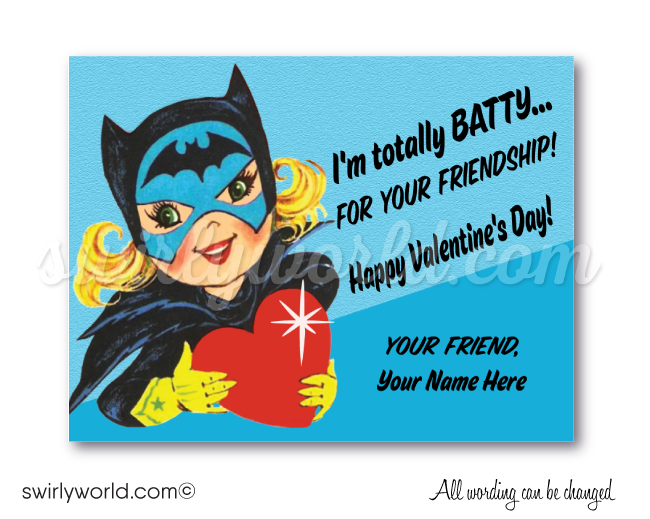 1950's retro vintage mid-century bat girl batman Valentine's day cards for girl's school classroom. Fall in LOVE with this awesome 1950s vintage comic book "Bat-Girl" digital printable Valentine's day card! 