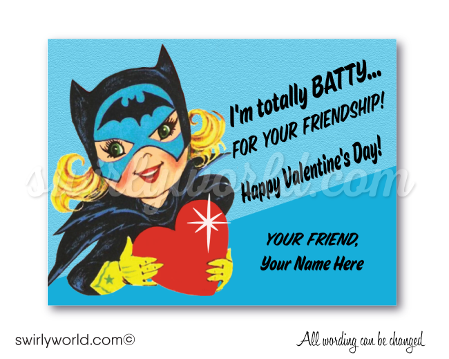 1950's retro vintage mid-century bat girl batman Valentine's day cards for girl's school classroom