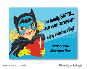1950's retro vintage mid-century bat girl batman Valentine's day cards for girl's school classroom. Fall in LOVE with this awesome 1950s vintage comic book "Bat-Girl" digital printable Valentine's day card! 