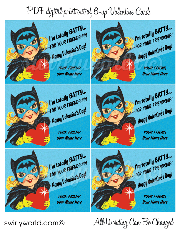 1950's retro vintage mid-century bat girl batman Valentine's day cards for girl's school classroom