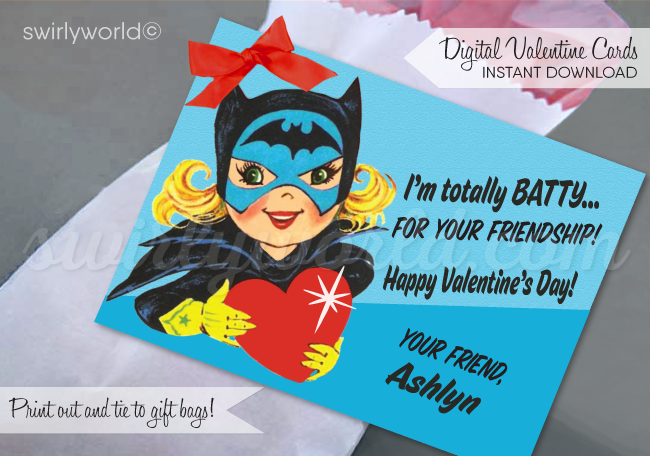 1950's retro vintage mid-century bat girl batman Valentine's day cards for girl's school classroom