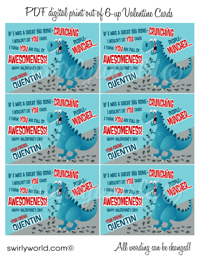 Fall in LOVE with this awesome dinosaur T-Rex gender neutral theme Valentine's Day digital printable cards for children.