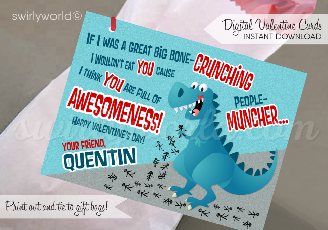 Fall in LOVE with this awesome dinosaur T-Rex gender neutral theme Valentine's Day digital printable cards for children.