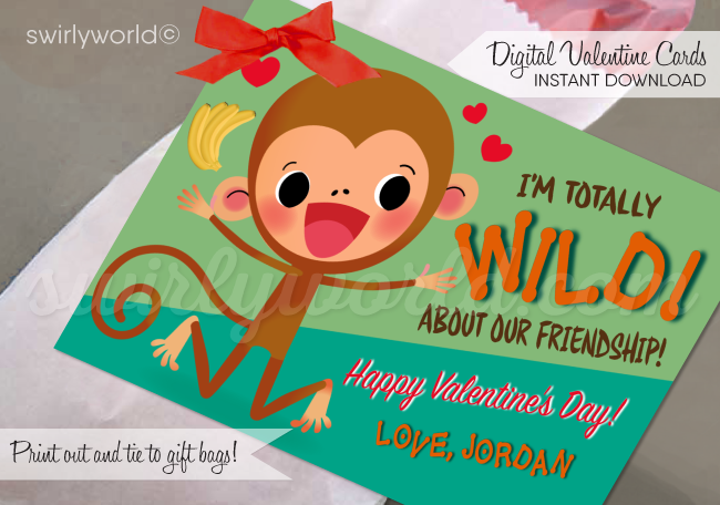 Cute monkey totally WILD about your friendship gender neutral unisex Valentine's Day cards for school classroom. cute monkey wild about you safari jungle gender neutral Valentine cards for kids