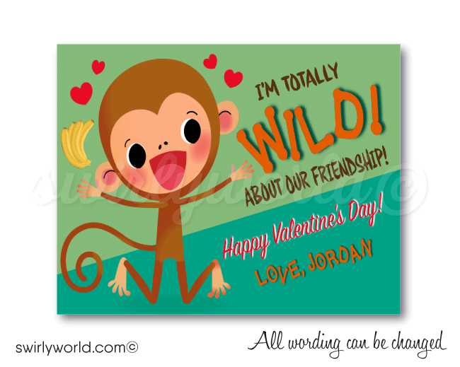 Cute monkey totally WILD about your friendship gender neutral unisex Valentine's Day cards for school classroom.