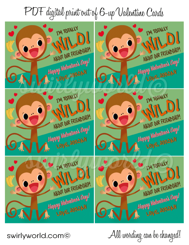 Cute monkey totally WILD about your friendship gender neutral unisex Valentine's Day cards for school classroom.