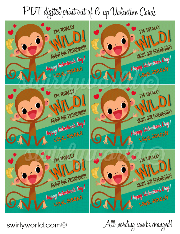 Cute monkey totally WILD about your friendship gender neutral unisex Valentine's Day cards for school classroom. cute monkey wild about you safari jungle gender neutral Valentine cards for kids