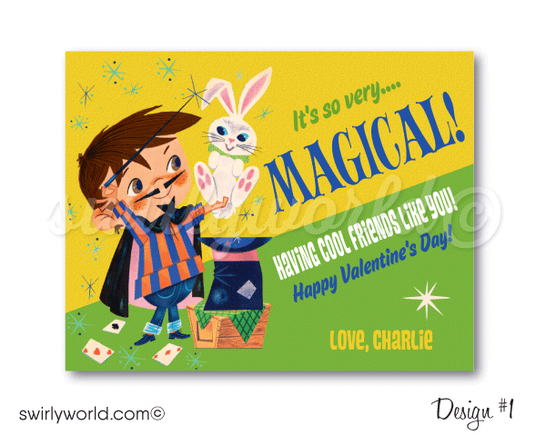 1950s vintage valentine's day cards. Retro mid-century style kitsch vintage Magic Magician valentine's day cards for boys school classroom.