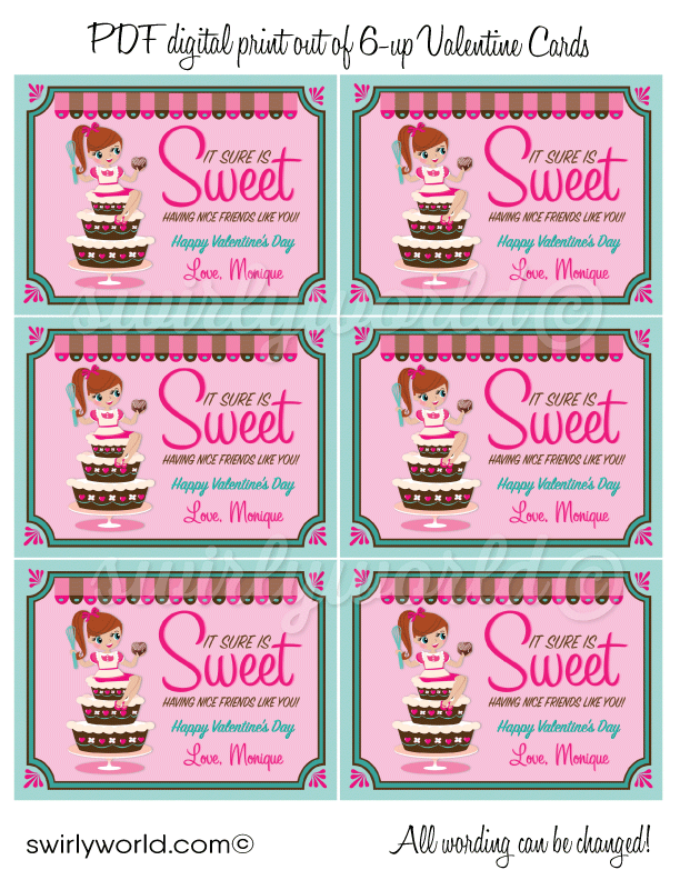 Fall in LOVE with this adorable Little Pastry Chef theme digital printable Valentine's Day cards for girls.
