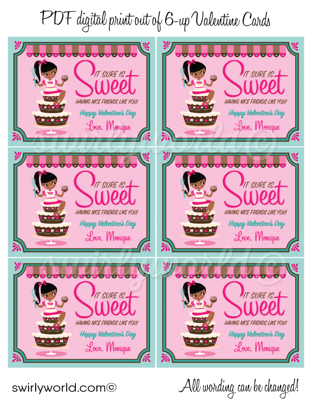 retro cute pastry chef pink valentine cards for school classroom. unique baker chef african black girls valentine's day cards