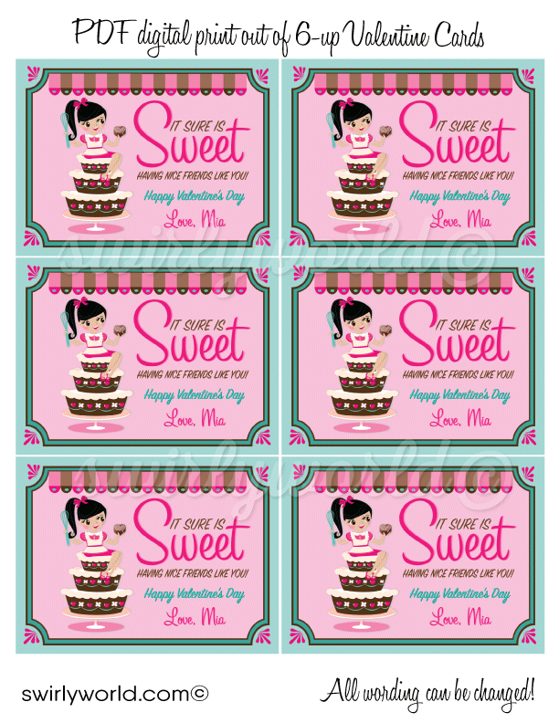 Fall in LOVE with this adorable Little Pastry Chef theme digital printable Valentine's Day cards for girls.