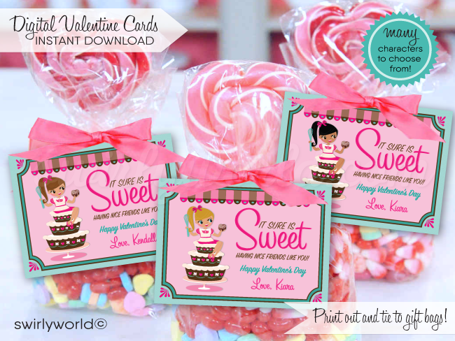 retro cute pastry chef pink valentine cards for school classroom. unique baker chef girls valentine's day cards 