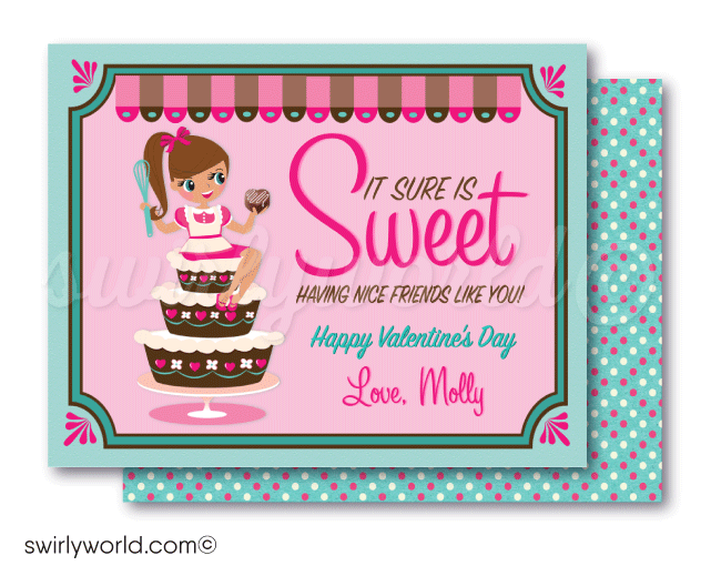 Fall in LOVE with this adorable Little Pastry Chef theme digital printable Valentine's Day cards for girls.