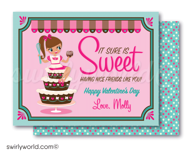 retro cute pastry chef pink valentine cards for school classroom. unique baker chef girls valentine's day cards 
