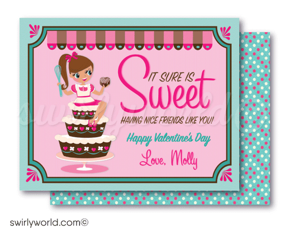 retro cute pastry chef pink valentine cards for school classroom. unique baker chef girls valentine's day cards 